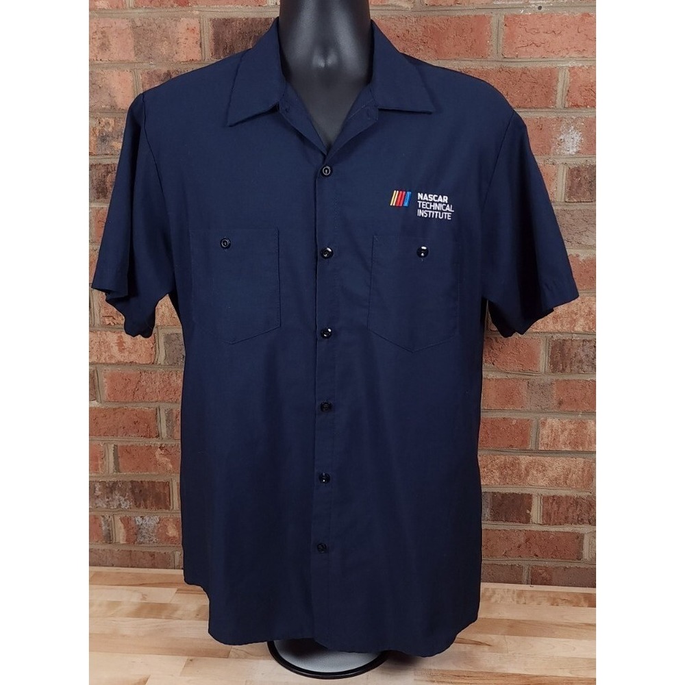 NASCAR Technical Institute Mens Size Large Blue Button Up Short Sleeve Shirt